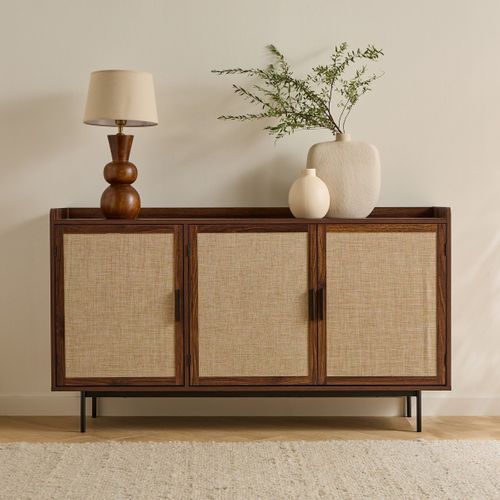 Buffet 3 Portes Décor Noyer Et Façades Tissu L140 Cm