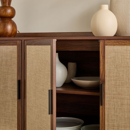 Buffet 3 Portes Décor Noyer Et Façades Tissu L140 Cm