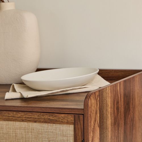 Buffet 3 Portes Décor Noyer Et Façades Tissu L140 Cm