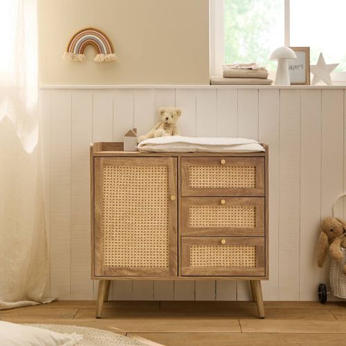Commode 1 Porte 3 Tiroirs Avec Façades Rotin Et Pieds En Bois L80 Cm