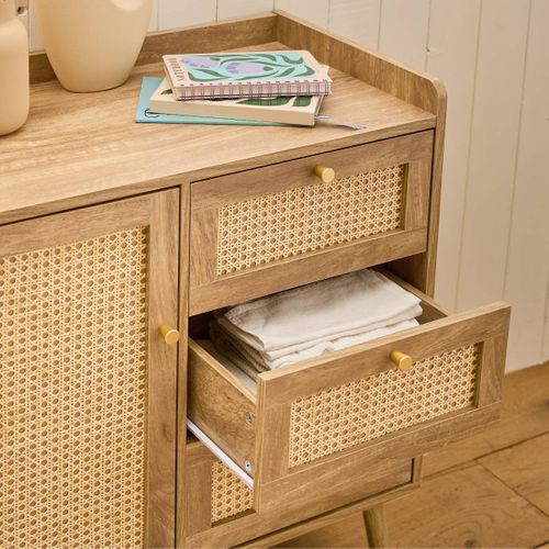 Commode 1 Porte 3 Tiroirs Avec Façades Rotin Et Pieds En Bois L80 Cm