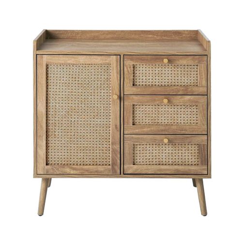 Commode 1 Porte 3 Tiroirs Avec Façades Rotin Et Pieds En Bois L80 Cm