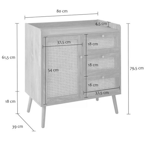 Commode 1 Porte 3 Tiroirs Avec Façades Rotin Et Pieds En Bois L80 Cm