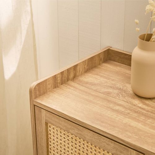 Commode 1 Porte 3 Tiroirs Avec Façades Rotin Et Pieds En Bois L80 Cm