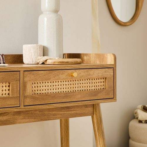 Console 2 Tiroirs Avec Façades En Rotin Et Pieds En Bois L100 Cm