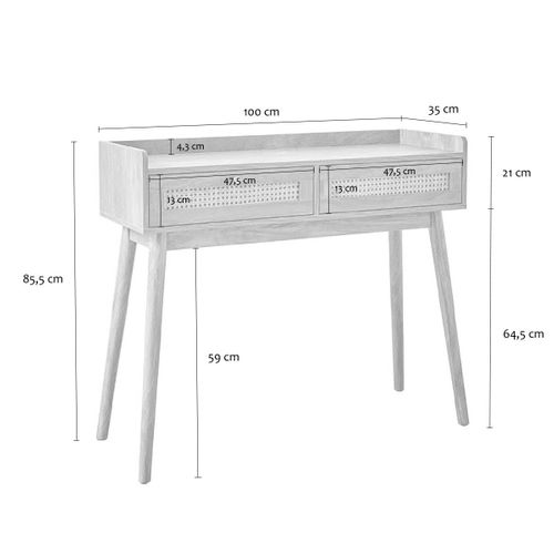 Console 2 Tiroirs Avec Façades En Rotin Et Pieds En Bois L100 Cm