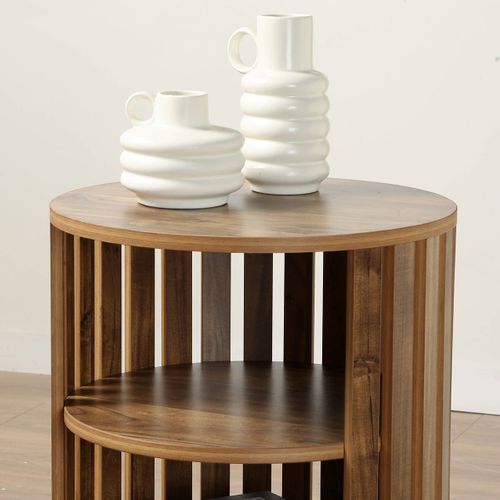 Chevet Rond à Lames Ajourées H50 Cm - Effet Bois Clair