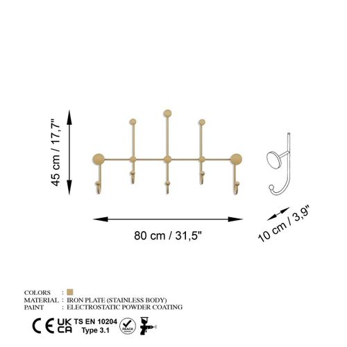 Porte Manteaux Mural 8 Patères En Métal Doré H45cm