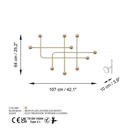 Porte Manteaux Mural 9 Patères En Métal Doré H64 Cm