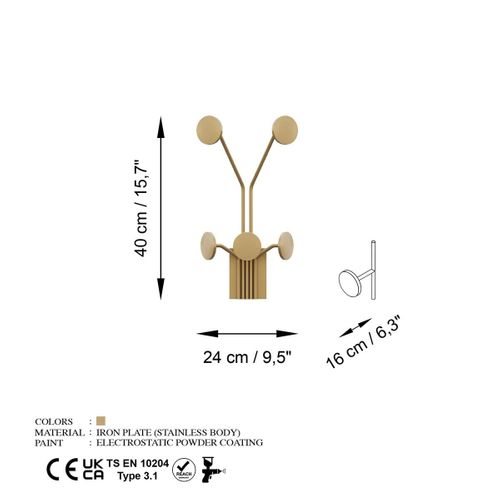 Porte Manteaux Mural 5 Patères En Métal Doré H40 Cm