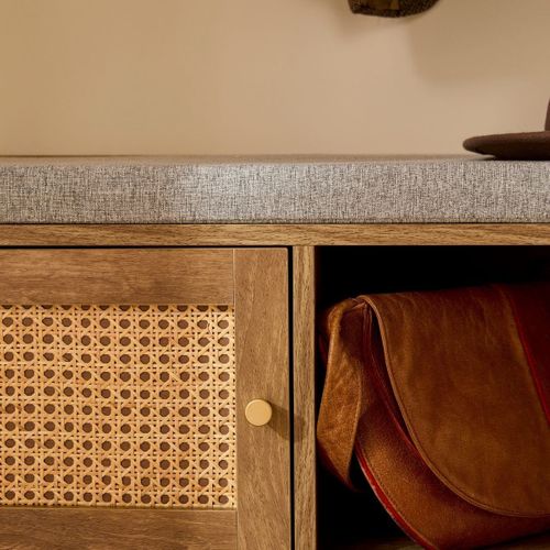 Banc à Chaussures 1 Porte Avec Façade En Rotin Et 3 Niches L100 Cm