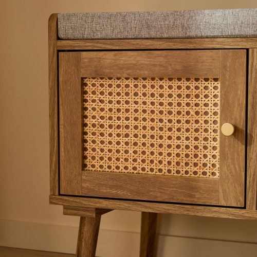 Banc à Chaussures 1 Porte Avec Façade En Rotin Et 3 Niches L100 Cm