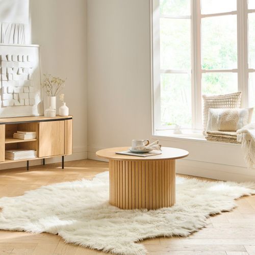 Table Basse Ronde Avec Pied à Lattes Décor Bois H40 Cm