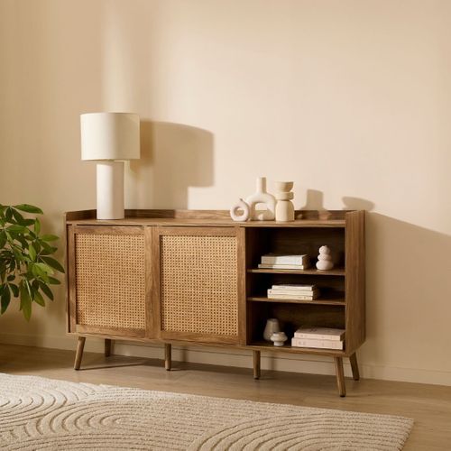 Buffet 2 Portes Et 2 Tiroirs Avec Façades En Rotin L140 Cm