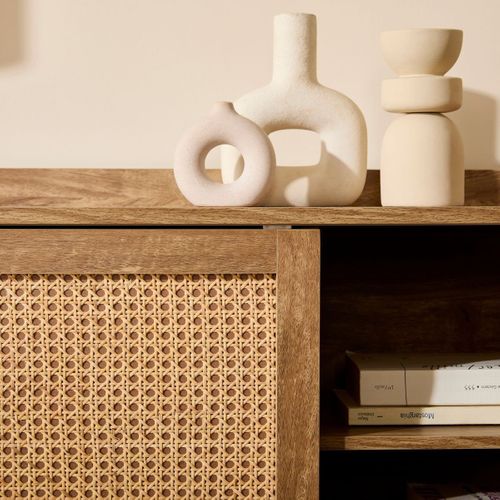 Buffet 2 Portes Et 2 Tiroirs Avec Façades En Rotin L140 Cm