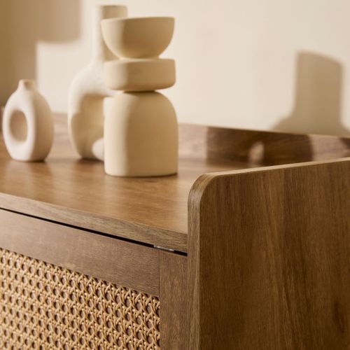 Buffet 2 Portes Et 2 Tiroirs Avec Façades En Rotin L140 Cm