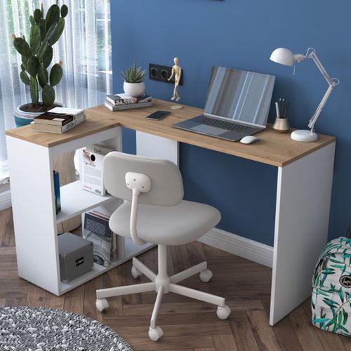 Bureau D'angle Décor Chêne Et Blanc L120 Cm