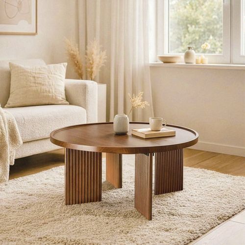 Table Basse Ronde Décor Noyer Avec Rebord D80 Cm