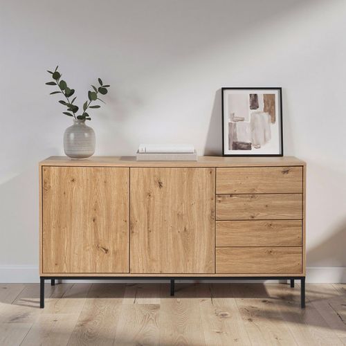 Buffet 2 Portes Et 4 Tiroirs Décor Chêne L140 Cm
