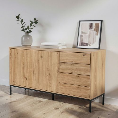 Buffet 2 Portes Et 4 Tiroirs Décor Chêne L140 Cm