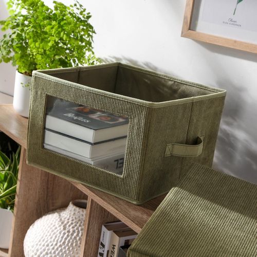 Boîte Rangement Tissu Velours Côtelé Kaki Avec Fenêtre L40 Cm