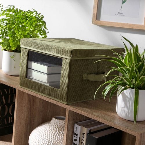 Boîte Rangement Tissu Velours Côtelé Kaki Avec Fenêtre L40 Cm