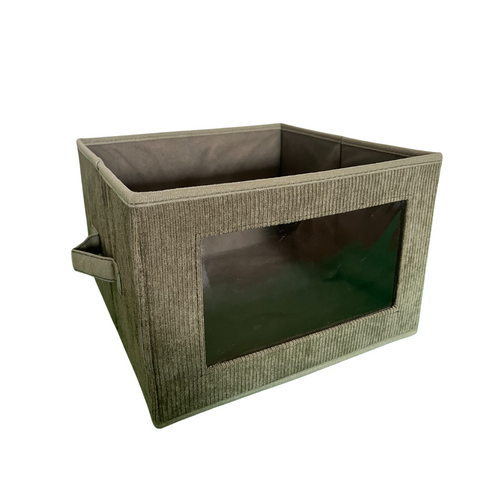 Boîte Rangement Tissu Velours Côtelé Kaki Avec Fenêtre L40 Cm