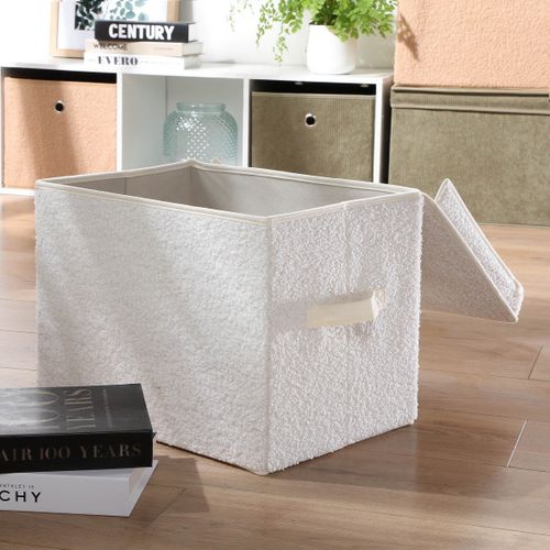 Boîte Rangement Haute Avec Couvercle Tissu Bouclette Écru - H30 Cm