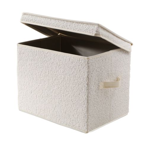 Boîte Rangement Haute Avec Couvercle Tissu Bouclette Écru - H30 Cm