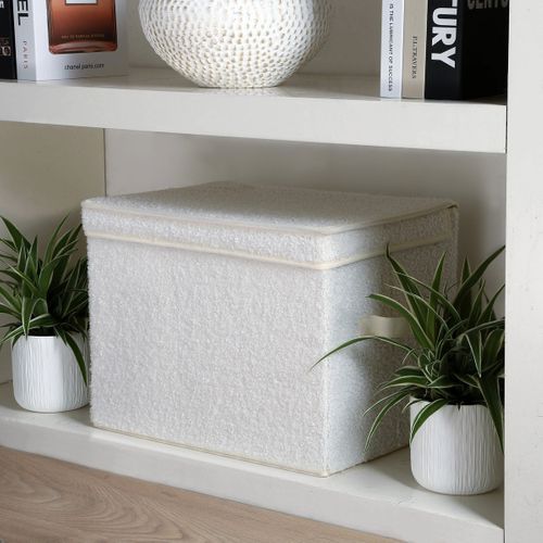 Boîte Rangement Haute Avec Couvercle Tissu Bouclette Écru - H30 Cm