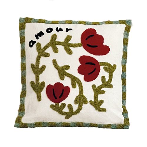 Coussin Brodé Motif Coquelicot - 40x40 Cm - Rouge