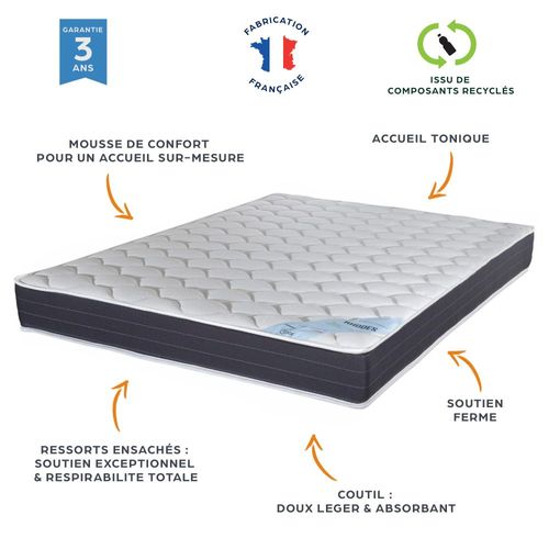 Matelas 120x190 Rhodes - Ressorts Ensachés - Hauteur 24 Cm - Soutien Ferme