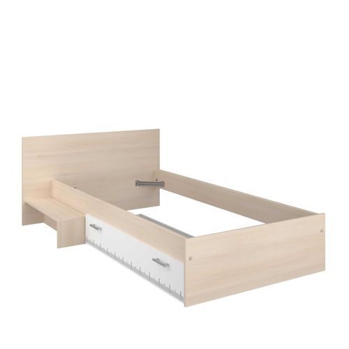 Ensemble Lit + Tete De Lit Avec Rangement - Style Contemporain - Décor Acacia Clair Et Blanc - Char