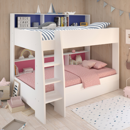 Lit Superposé Leo 90x200cm Avec Tiroir De Lit - Blanc/bleu/rose