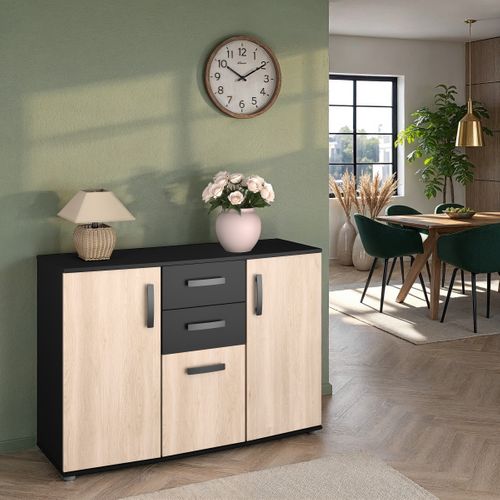 Rangement 3 portes 2 tiroirs L.120 cm ERNEST imitation chêne et noir