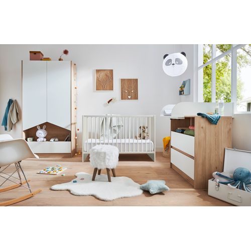 Commode 2 tiroirs 1 niche SHELTER Imitation chêne et blanc