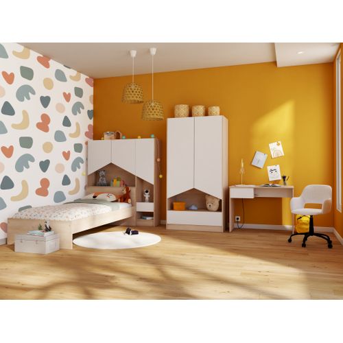 Commode 2 tiroirs 1 niche SHELTER Imitation chêne et blanc