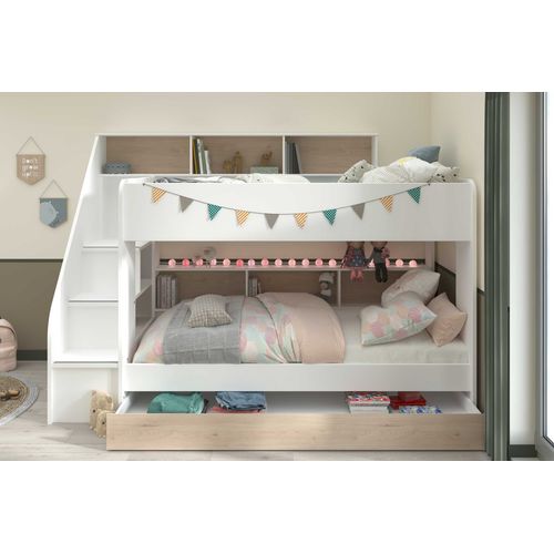 Lit Superposé Lester 90x200 Avec Rangement - Blanc/chêne