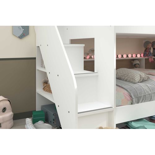 Lit Superposé Lester 90x200 Avec Rangement - Blanc/chêne