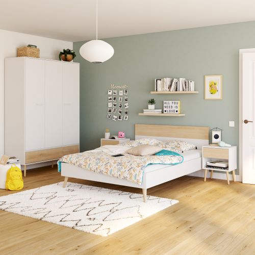 Lit 140x190 cm ALBORG blanc et imitation chêne