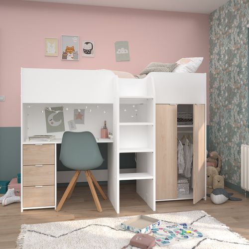 Lit compact avec bureau et armoire 90x190/200 cm TOM imitation chêne et blanc