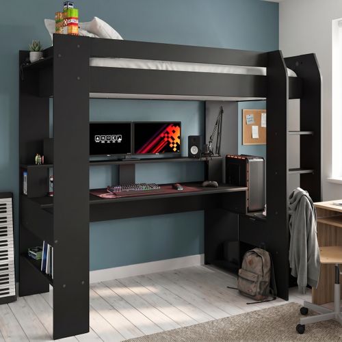 Lit Mezzanine 90x200 Avec Bureau & Rangements - Métal Noir - Prise USB - Sécurité EN747 - Sans Matelas