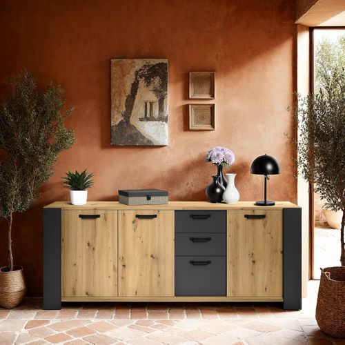 Buffet 3 portes 3 tiroirs STAN 220cm imitation chêne artisan et gris