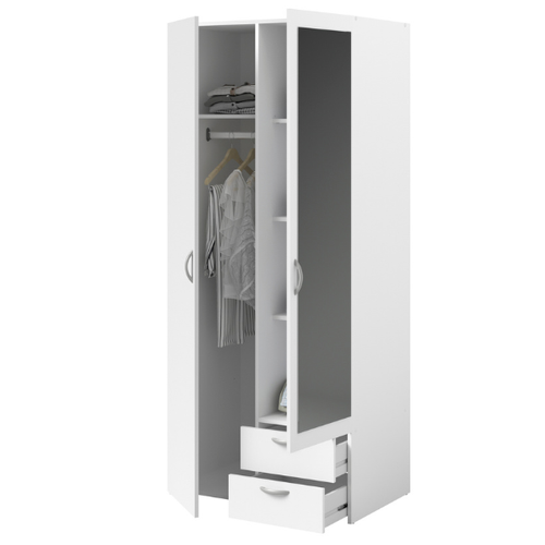 Armoire Varia - Décor Blanc - 2 Portes Battantes + 1 Miroir + 2 Tiroirs - L 81 X H 185 X P 51 Cm -