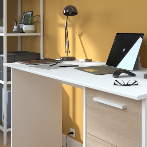 Bureau droit 3 tiroirs INDIRA imitation chêne et blanc