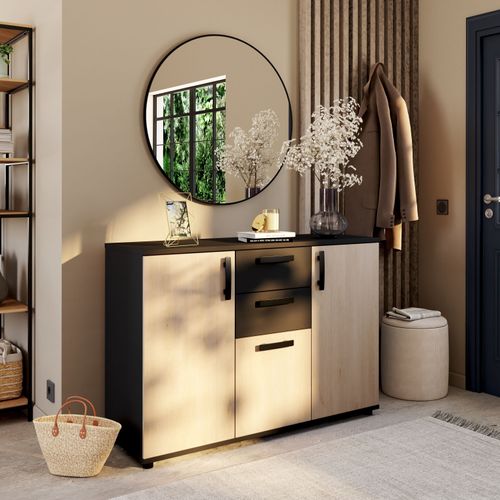 Rangement 3 portes 2 tiroirs CELEST imitation chêne et noir