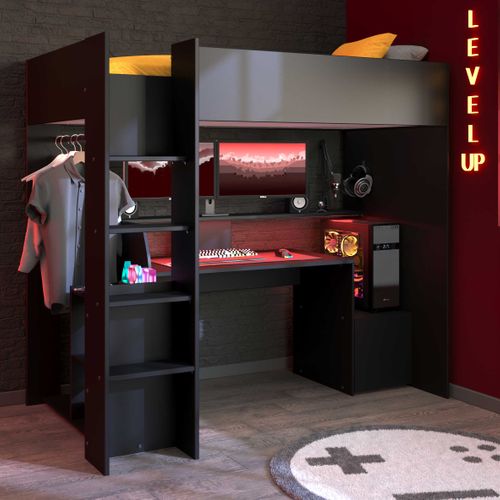 Lit Mezzanine 90x200cm Avec Bureau Gamer - Noir