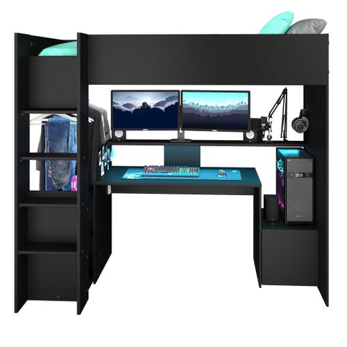 Lit Mezzanine 90x200cm Avec Bureau Gamer - Noir