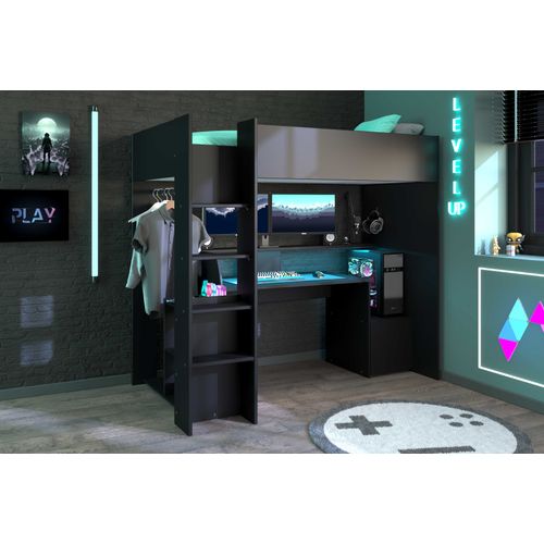 Lit Mezzanine 90x200cm Avec Bureau Gamer - Noir