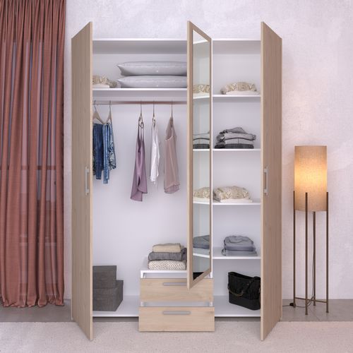 Armoire 3 portes 2 tiroirs avec miroir DAILY imitation chêne